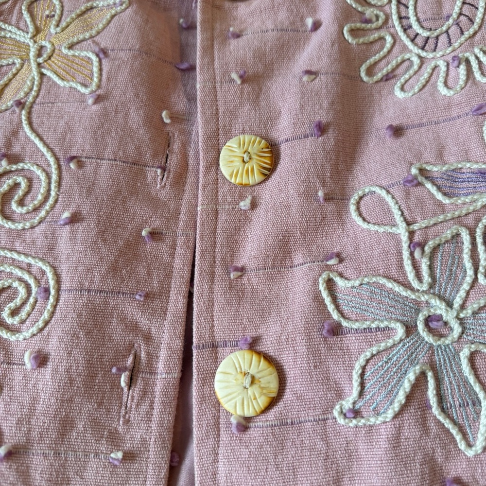 Vintage 90s Cottagecore Alex Kim Embroidered Pink Artisan Floral Jacket Large - Picture 6 of 8